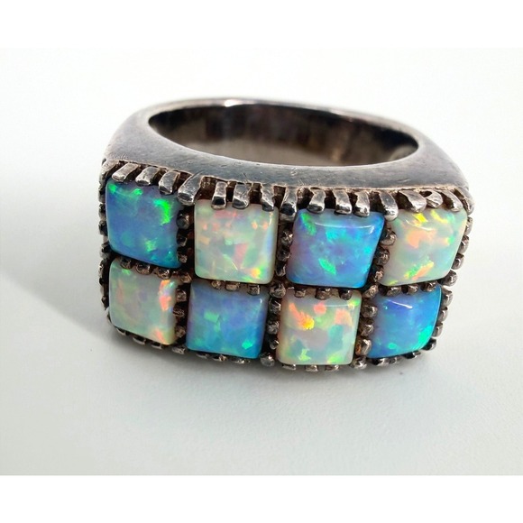 Sterling Silver 925 Opal Checkerboard Statement Band Ring Size 7-7.5